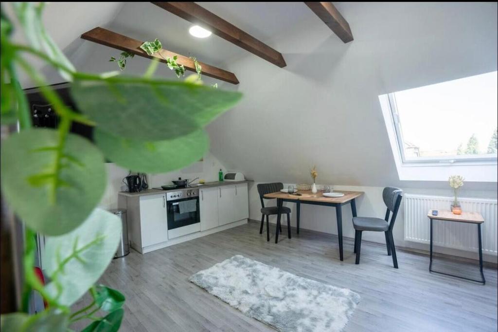 Wohnbereich im Apartment 5 Herten West mit Esstisch und Schlafsofa
