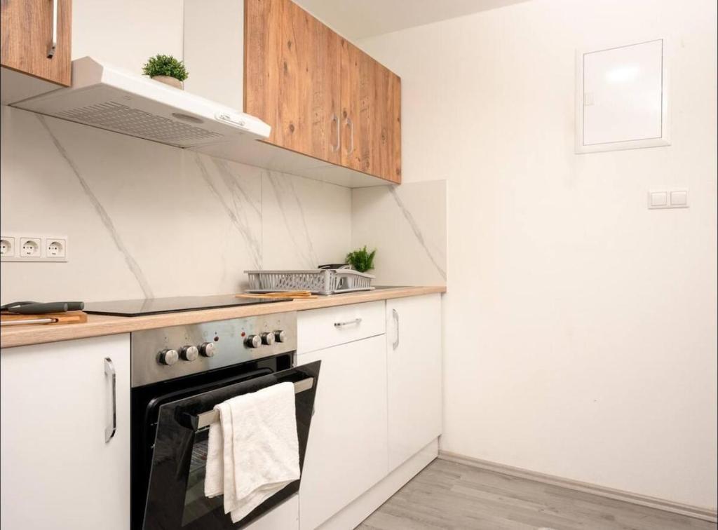 Voll ausgestattete Küche mit Backofen